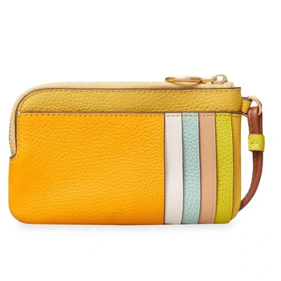 🆑 Tory Burch Authentic Leather Color Block Zip Card Case Yellow NWT